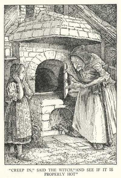 „Wpełznij”, powiedziała wiedźma, „I zobacz, czy jest odpowiednio gorąco” (lito) autorstwa Louis John Rhead