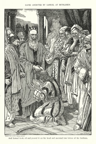 Dawid namaszczony przez Samuela w Betlejem (litografia) autorstwa Louis John Rhead
