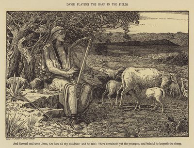 Dawid grający na harfie na polach autorstwa Louis John Rhead