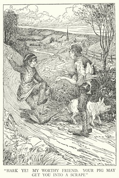 „Słuchaj! Mój zacny przyjacielu, twoja świnia może wpędzić cię w kłopoty” (lito) autorstwa Louis John Rhead