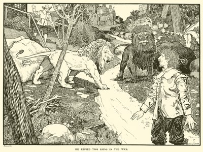 Wypatrzył dwa lwy na drodze (rycina) autorstwa Louis John Rhead