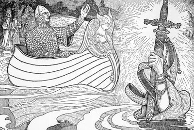 Przedstawienie Pani Jeziora (fee viviane), postać z legend arturiańskich, dająca królowi Arturowi szpadę Excalibur (legenda arturiańska: Pani Jeziora (Nimue, Viviane) dająca królowi Arturowi jego miecz Excalibur) Ilustracja autorstwa Louisa Rheada (1858 -1 autorstwa Louis John Rhead