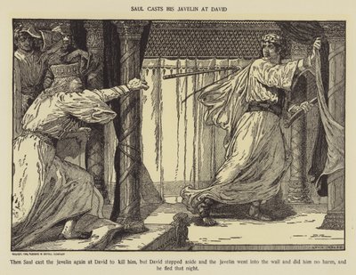 Saul rzuca oszczepem w Dawida autorstwa Louis John Rhead