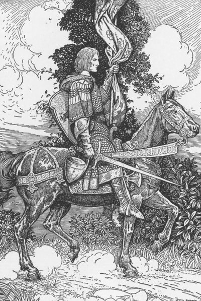 Sir Tristam jadący do zamku Tintagil Ilustracja Louisa Rheada (1858-1926) z „Króla Artura i jego rycerzy” 1923 Zbiory prywatne autorstwa Louis John Rhead