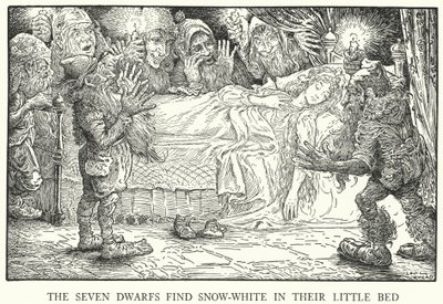 Siedmiu krasnoludków znajduje Śnieżkę w swoim małym łóżeczku (lito) autorstwa Louis John Rhead