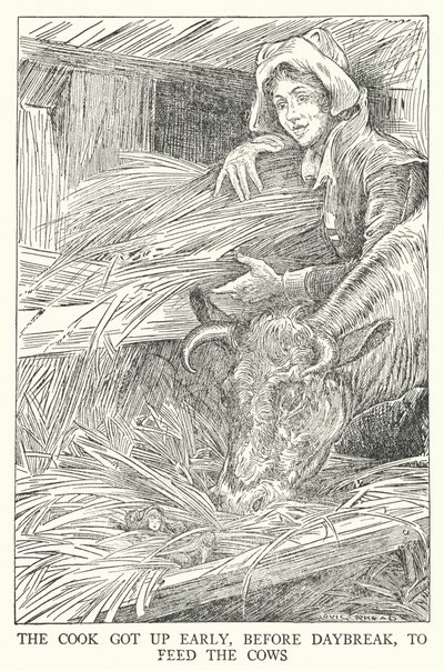 Kucharz wstawał wcześnie, przed świtem, aby nakarmić krowy (litho) autorstwa Louis John Rhead