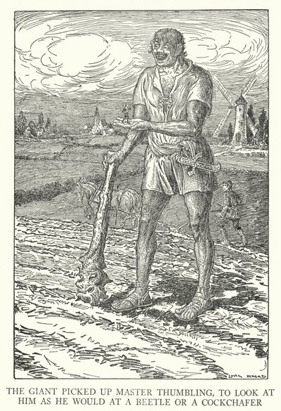 Olbrzym podniósł Mistrza Kciuka, aby spojrzeć na niego tak, jak na chrząszcza lub chrabąszcza (litos) autorstwa Louis John Rhead