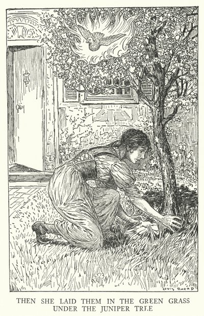 Położyła je w zielonej trawie pod jałowcem (lito) autorstwa Louis John Rhead