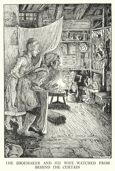 Szewc i jego żona przyglądali się zza zasłony (lito) autorstwa Louis John Rhead