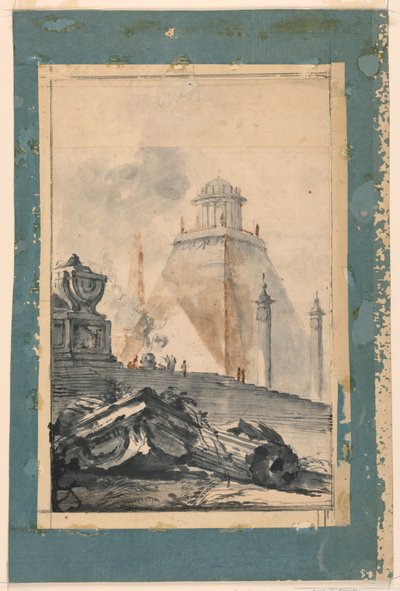 Fantazja architektoniczna: okrągła świątynia na ściętej piramidzie autorstwa Louis Joseph Le Lorrain