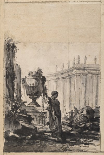 Fantazja architektoniczna z wazą, hermą i kolumnadą autorstwa Louis Joseph Le Lorrain