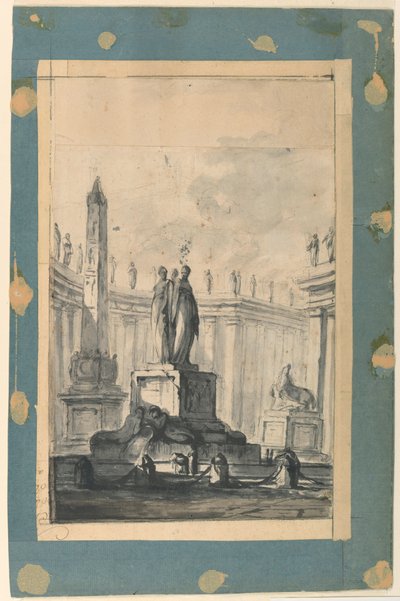 Rysunek Fantazja architektoniczna z fontanną i obeliskiem, ok. 1745 r. autorstwa Louis Joseph Le Lorrain