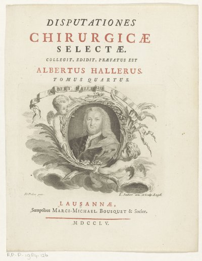 Portret van Albrechta von Hallera Albert Haller (tytuł na obiekcie) Tytuł strony voor: Albrecht von Haller, Wybrane dyskursy chirurgiczne, 1755 autorstwa Louis Joubert