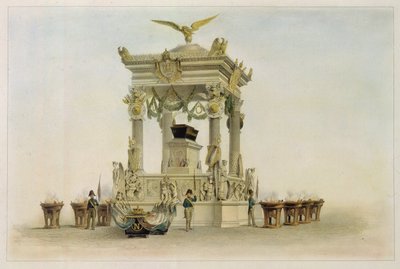 Trumna Napoleona I Bonaparte (1769-1821) w kościele Invalides (Paryż, Francja). (Trumna Napoleona w kościele w Les Invalides). Praca Louisa Julesa Arnouta (1814-1868), litografia i akwarela. XIX-wieczna sztuka francuska, klasycyzm. autorstwa Louis Jules Arnout