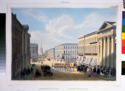 Most Policyjny w Sankt Petersburgu, widziany z Newskiego Prospektu z Pałacu Stroganowa. Litografia Louis Jules Arnout (1814-1868), kolorowa autorstwa Louis Jules Arnout