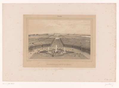 Widok na ogrody wersalskie Vue generale du Parc et du Château (tytuł przedmiotu) Twarze w Paryżu i okolicach (tytuł serii) Wersal (tytuł serii na obiekcie) autorstwa Louis Julien Jacottet