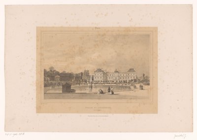 Widok na Pałac Luksemburski z Jardin du Luxembourg Palais du Luxembourg, Côté du Jardin (tytuł obiektu) Gezichten in en om Paris (tytuł serii) Paryż (tytuł serii na obiekcie) autorstwa Louis Julien Jacottet