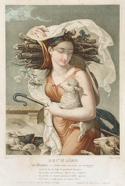Brumaire (październik, listopad), drugi miesiąc kalendarza republikańskiego, grawerowane przez Tresca, francuski, ok. 1794 (grafika) autorstwa Louis Lafitte
