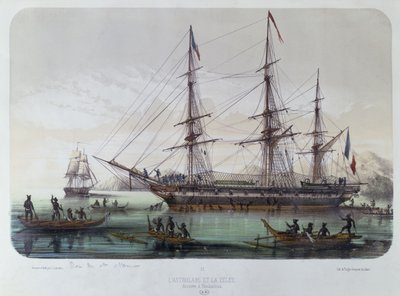 Astrolabe i Zelee odwiedzają wyspę Nuku Hiva na francuskich Markizach autorstwa Louis Le Breton