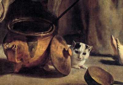 Rodzina chłopów we wnętrzu Szczegóły reprezentujące kotów i miedzianych garnków. Obraz Ludwika Naina (1593-1648) XVII wiek autorstwa Louis le Nain