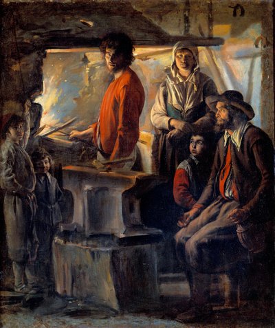 Kowal lub marechal w swojej kuźni Marechal-żelazo i jego rodzina, obok niego kowadło. Obraz Ludwika Naina (1593-1648) XVII w. Słońce. 0,69x0,57m² autorstwa Louis le Nain
