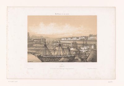 Widok na Arsenał w porcie Brześć Brześć. Vue des Corderies hautes et basses, Bagne and Hôpital Clermontonnerre (tytuł obiektu) Współczesna Francja (tytuł serii) La France de nos jours (tytuł serii na obiekcie) autorstwa Louis Le Breton