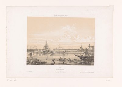 Widok Bassin Napoleon III w porcie Cherbourg Cherbourg. Basen Napoleona III (tytuł na obiekcie) Współczesna Francja (tytuł serii) La France de nos jours (tytuł serii na obiekcie) autorstwa Louis Le Breton