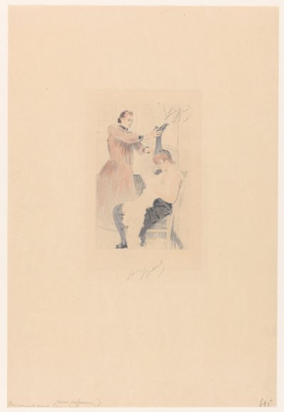 Tancerka Cancan siedząca na krześle podczas wykonywania ćwiczenia elastyczności Brisement assis (avec professeur) (tytuł na przedmiocie) autorstwa Louis Legrand (signed by artist)