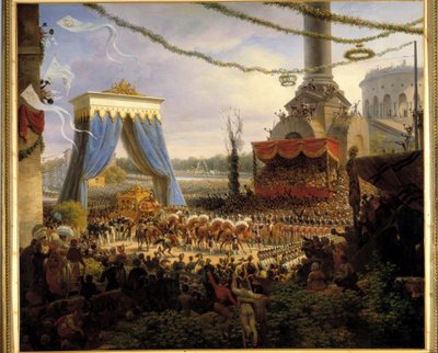Entre de Charles X à Paris po koronacji 6.06.1825. Kareta królewska witana w Barriere de la Villette przez władze miasta Paryża, na czele której stoi prefekt departamentu Sekwany, hrabia Chabrol Malarstwo Louis Fra autorstwa Louis Lejeune