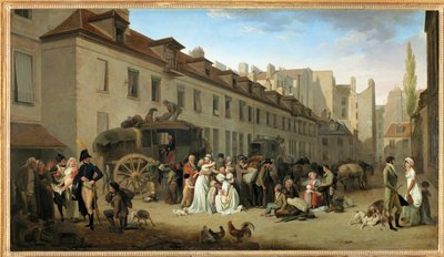 Przyjazd autokaru na dziedziniec Messageries, rue Notre-Dame-des-Victoires, w Paryżu ... autorstwa Louis Leopold Boilly