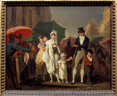 Burżuazyjne prysznice w stylu paryskiego Premier Empire, chroniąc się przed deszczem. Obraz Louisa Leopolda Boilly