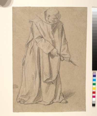 Studium mnicha ciągnącego linę (czarno-biała kreda na brązowym papierze) autorstwa Louis Licherie de Beurie