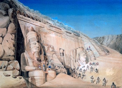 „Wykopaliska Wielkiej Świątyni Ramzesa II, Abu Simbel”, 1819 autorstwa Louis M. A. Linant de Bellefonds,