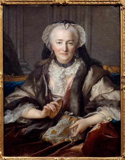 Portret pukającej Madame Dange Jest żoną generała rolnika F. B. Dange du Fay - Obraz Louisa Tocque (1696-1772) 1753 nd. 0,83x0,63 m - Portret Anne Jarry, Madame Dange (w 1721 wyszła za mąż za Francois Balthazara Dange du Fay (1696-1777) autorstwa Louis Tocqué