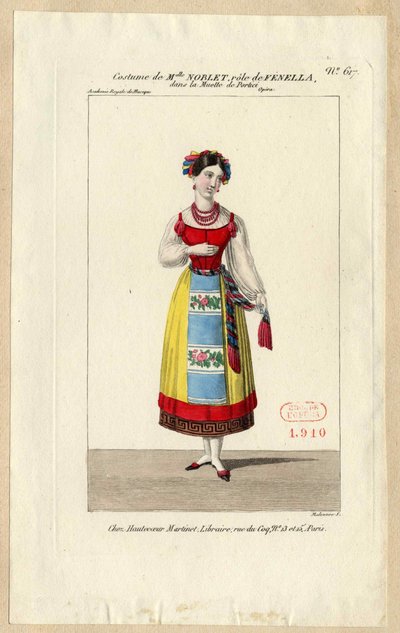 Panna Noblet jako Fenella. Projekt kostiumu do opery La muette de Portici, 1828. autorstwa Louis Maleuvre