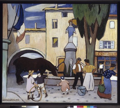 Fontanna Trets z czarnym koniem Obraz Louisa-Mathieu Verdilhana (1875-1928) XX wiek Obowiązkowa wzmianka: Kolekcja fundacji z pozdrowieniami z Prowansji, Marsylia autorstwa Louis Mathieu Verdilhan