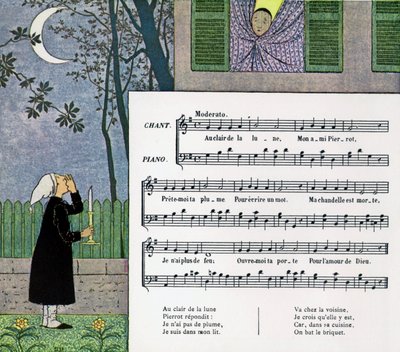 Partytura i ilustracja do dziecięcej piosenki „At Moonlight” autorstwa Louis Maurice Boutet de Monvel