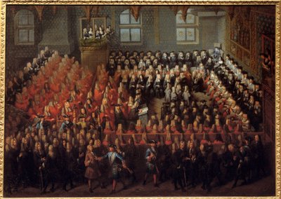 Łoże sprawiedliwości przetrzymywane przez Ludwika XV (1710-1774) w Wielkiej Izbie Parlamentu Paryskiego w celu złamania woli Ludwika XIV (1638-1715) autorstwa Louis Michel Dumesnil