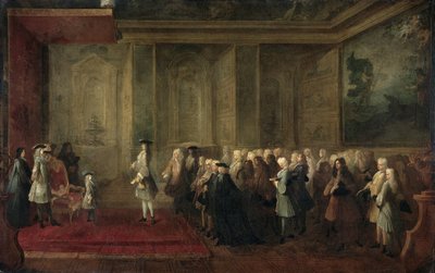 Przyjęcie Cornelisa Hopa (1685-1762) jako legata Stanów Generalnych na dworze Ludwika XV, 24 lipca 1719 autorstwa Louis Michel Dumesnil