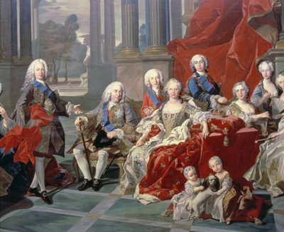 131 0794093/1 Rodzina Filipa V z Hiszpanii (1683-1746) szczegół przedstawiający króla, jego drugą żonę Elżbietę Farnese i przyszłego Ferdynanda VI autorstwa Louis Michel van Loo