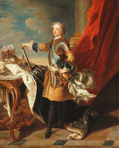 Portret króla Ludwika XV, pełnometrażowy, w pół zbroi, autorstwa Louis Michel van Loo