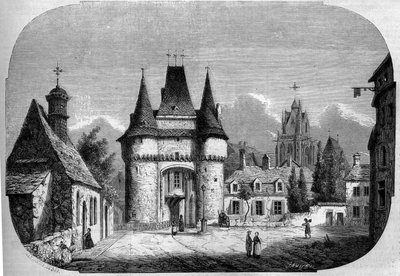 Architektura: widok na bramę Saint Julien (1460-1483), w tle widok na gotycki kościół Notre Dame des Marais (1450-1623). La Ferte Bernard, Sarthe (72) autorstwa Louis Moullin