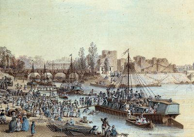 Wysyłka Statkiem załadowani pasażerowie przybywający do doku. Rysunek Louis de Lespinasse (1734-1808) 1782. Paryż, Musee Carnavalet autorstwa Louis Nicolas de Lespinasse