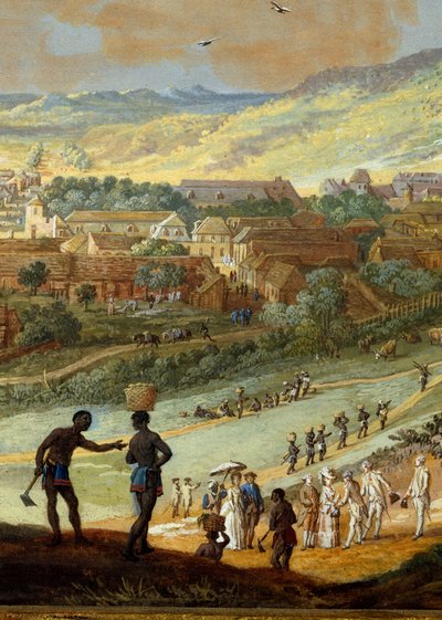 Szczegół: „”Widok na miasto Cape francais (Cap de la Republique) widok na wzgórze w Santo Domingo””Detal. Obraz Louis Nicolas Van Blarenberghe (1716-1794) 1779 La Rochelle, Muzeum Nowego Świata. autorstwa Louis Nicolas van Blarenberghe