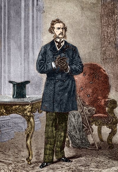 Retrato de Phileas Fogg, personagem de Le tour du monde en oitenta dias”” romance de aventuras de Júlio Verne ilustrado por Louis Paul Pierre Dumont (1822-1882) em 1872 (Phileas Fogg do frontispício de “A Volta ao Mundo em Oitenta Dias” ” de Júlio Verne (1 autorstwa Louis Paul Pierre Dumont