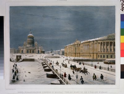 Sobór św. Izaaka i Plac Senacki w Sankt Petersburgu. Rysunek Louis Pierre Alphonse Bichebois (Louis-Pierre-Alphonse) (1801-1850). Litografia barwiona akwarelą, autorstwa Louis Philippe Alphonse Bichebois
