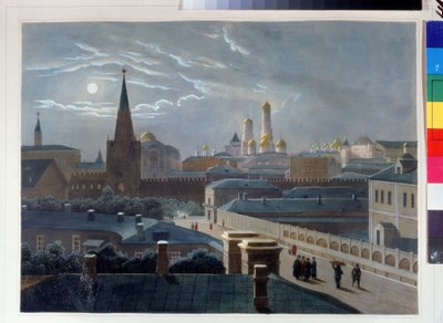 Widok na Kreml moskiewski. Rysunek Louis Pierre Alphonse Bichebois (1801-1850). Litografia kolorowana akwarelą, ok. 1830-1840, sztuka francuska, klasycyzm. Muzeum Pamięci A. Puszkina, Sankt Petersburg. ©FineArtImag autorstwa Louis Philippe Alphonse Bichebois