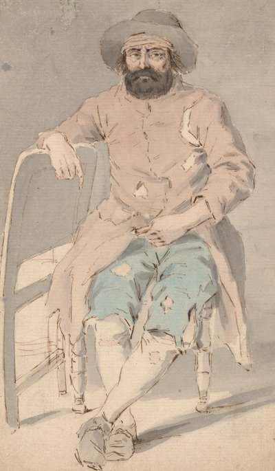 Mężczyzna w podartych ubraniach siedzi z prawą ręką nad innym krzesłem autorstwa Louis Philippe Boitard