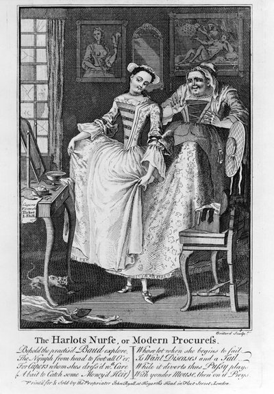 The Harlots Nurse lub Modern Procuress, wyd. 1750 (grawerowanie bw) autorstwa Louis Philippe Boitard