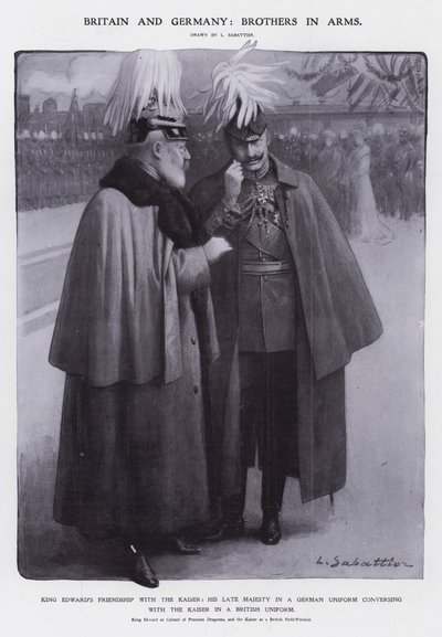 Król Edward VII przebrany za pułkownika pruskich dragonów i cesarz Wilhelm II przebrany za brytyjskiego feldmarszałka (lito) autorstwa Louis Remy Sabattier